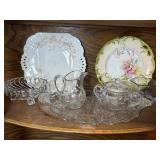 Crystal Glassware Set - Serving Tray, Pitcher, Sugar Bowl, Creamer, Blue Hex Dish, 2 Plates Crystal Glassware Set - Serving Tray, Pitcher, Sugar Bowl, Creamer, Blue Hex Dish, 2 Plates