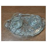 Crystal Glassware Set - Serving Tray, Pitcher, Sugar Bowl, Creamer, Blue Hex Dish, 2 Plates Crystal Glassware Set - Serving Tray, Pitcher, Sugar Bowl, Creamer, Blue Hex Dish, 2 Plates