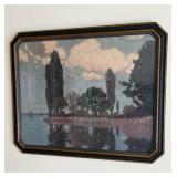Framed Lakeside Landscape Art Print with Tall Trees by Water Framed Lakeside Landscape Art Print with Tall Trees by Water