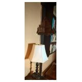 Vintage Table Lamp with White Shade & Ornate Wood Wall Shelf Vintage Table Lamp with White Shade & Ornate Wood Wall Shelf