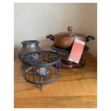 Fondue w/ Lid on Stand - Rustic Metal Vase - Wrought Iron Candle Cage Fondue w/ Lid on Stand - Rustic Metal Vase - Wrought Iron Candle Cage