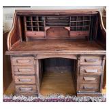 Antique Oak Roll-Top Desk - Tambour, Upper Cubby Shelves & Dual Pedestal Drawers Antique Oak Roll-Top Desk - Tambour, Upper Cubby Shelves & Dual Pedestal Drawers