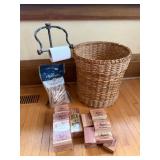 Toilet Paper Holder on Stand - Wrought-Iron, Wicker Hamper, LL Bean Cedar Blocks, Clothespins Toilet Paper Holder on Stand - Wrought-Iron, Wicker Hamper, LL Bean Cedar Blocks, Clothespins