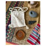 Assorted Tribal Artifacts on Woven Rug - Canvas Pouch, Leather Medallion, Stone Beads, Textiles Assorted Tribal Artifacts on Woven Rug - Canvas Pouch, Leather Medallion, Stone Beads, Textiles