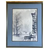 Framed Monochrome Ink Wash Landscape Painting - Signed Molder Grayscale City Scene Framed Monochrome Ink Wash Landscape Painting - Signed Molder Grayscale City Scene