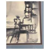 Framed Monochrome Ink Wash Landscape Painting - Signed Molder Grayscale City Scene Framed Monochrome Ink Wash Landscape Painting - Signed Molder Grayscale City Scene