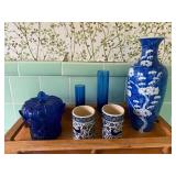 Blue & White Porcelain Vase with Floral Design - Includes Lidded Jar, 2 Cups, & 2 Glass Tumblers Blue & White Porcelain Vase with Floral Design - Includes Lidded Jar, 2 Cups, & 2 Glass Tumblers
