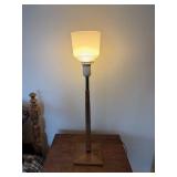 Table Lamp - Mid-Century Modern Wood with Pleated Beige Shade & Gold Inlay Table Lamp - Mid-Century Modern Wood with Pleated Beige Shade & Gold Inlay