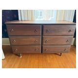 Dark Wood Six-Drawer Dresser with Brass Ring Pulls - Vintage Bedroom Furniture Dark Wood Six-Drawer Dresser with Brass Ring Pulls - Vintage Bedroom Furniture