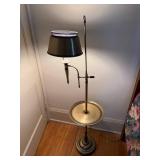 Brass Floor Lamp w/ Adjustable Swing Arm & Black Shade, Circular Shelf Base Brass Floor Lamp w/ Adjustable Swing Arm & Black Shade, Circular Shelf Base