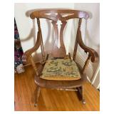 Vintage Wooden Rocking Chair with Carved Back and Upholstered Seat Vintage Wooden Rocking Chair with Carved Back and Upholstered Seat