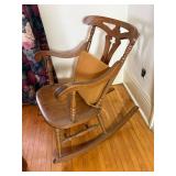 Vintage Wooden Rocking Chair with Carved Back and Upholstered Seat Vintage Wooden Rocking Chair with Carved Back and Upholstered Seat