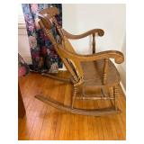 Vintage Wooden Rocking Chair with Carved Back and Upholstered Seat Vintage Wooden Rocking Chair with Carved Back and Upholstered Seat