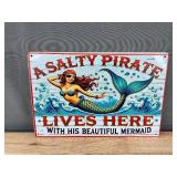 A Salty Pirate Lives Here with his Beautiful Mermaid 8" x 12" Metal Sign - Brand New