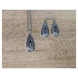 Teardrop Necklace & Earrings Set - Silver Tone, 18" Chain & 2" Extender - Brand New *P