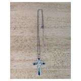 Cross Necklace with Blue & Green Stones 17" Chain & 2" Extender - Brand New *P