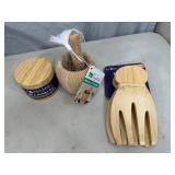 New Bamboo Mortar & Pestle, Salad Hands, Salt Storage Box New Bamboo Mortar & Pestle, Salad Hands, Salt Storage Box