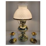 Brass Hobnail White Milk Glass Lamp & Two Brass/Hobnail Candle Holders Brass Hobnail White Milk Glass Lamp & Two Brass/Hobnail Candle Holders