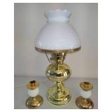 Brass Hobnail White Milk Glass Lamp & Two Brass/Hobnail Candle Holders Brass Hobnail White Milk Glass Lamp & Two Brass/Hobnail Candle Holders
