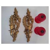 Gold Tone Scrolled Wall Sconces w/Red Candle Holders Gold Tone Scrolled Wall Sconces w/Red Candle Holders