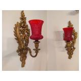 Gold Tone Scrolled Wall Sconces w/Red Candle Holders Gold Tone Scrolled Wall Sconces w/Red Candle Holders