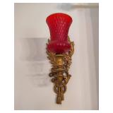 Gold Tone Scrolled Wall Sconces w/Red Candle Holders Gold Tone Scrolled Wall Sconces w/Red Candle Holders