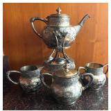 K - Antique Silver-Plated Teapot with Stand, Creamer, Pitcher & Sugar Dishes