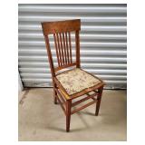 Vintage Oak Slat-Back Chair with Floral Upholstery and Nailhead Trim Vintage Oak Slat-Back Chair with Floral Upholstery and Nailhead Trim
