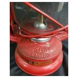 Vintage Red Hurricane Lantern with Glass Globe - Metal Handle Vintage Red Hurricane Lantern with Glass Globe - Metal Handle