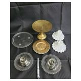 Brass Pedestal Cake Stand & Glass Candle Holders & Milk Glass Shades (Lot of 6) Brass Pedestal Cake Stand & Glass Candle Holders & Milk Glass Shades (Lot of 6)