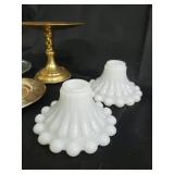 Brass Pedestal Cake Stand & Glass Candle Holders & Milk Glass Shades (Lot of 6) Brass Pedestal Cake Stand & Glass Candle Holders & Milk Glass Shades (Lot of 6)