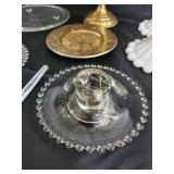 Brass Pedestal Cake Stand & Glass Candle Holders & Milk Glass Shades (Lot of 6) Brass Pedestal Cake Stand & Glass Candle Holders & Milk Glass Shades (Lot of 6)