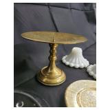 Brass Pedestal Cake Stand & Glass Candle Holders & Milk Glass Shades (Lot of 6) Brass Pedestal Cake Stand & Glass Candle Holders & Milk Glass Shades (Lot of 6)