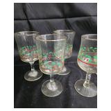 Clear Glass Goblets - Set of 9 with Red and Green Floral Border, Gold Rim Clear Glass Goblets - Set of 9 with Red and Green Floral Border, Gold Rim