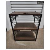 Three-Tier Wood & Iron Shelf with Decorative Scrollwork Brackets Three-Tier Wood & Iron Shelf with Decorative Scrollwork Brackets
