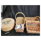 Vintage Wicker Baskets Set with Round Cheese Box & Snowman Tin - Farmhouse Decor Vintage Wicker Baskets Set with Round Cheese Box & Snowman Tin - Farmhouse Decor