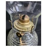 Vintage Clear Glass Hurricane Oil Lamps - Brass Burners (Pair) Vintage Clear Glass Hurricane Oil Lamps - Brass Burners (Pair)