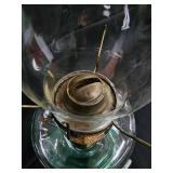 Vintage Green Glass Hurricane Oil Lamp with Brass Burner & Clear Chimney Vintage Green Glass Hurricane Oil Lamp with Brass Burner & Clear Chimney