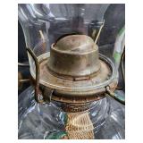 Vintage Green Glass Hurricane Oil Lamp with Brass Burner & Clear Chimney Vintage Green Glass Hurricane Oil Lamp with Brass Burner & Clear Chimney