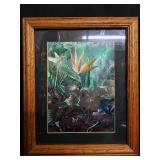 Bird of Paradise Prints in Oak Frames with Vintage Glassware Cabinet Bird of Paradise Prints in Oak Frames with Vintage Glassware Cabinet