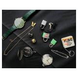Vintage Pocket Watches & Jewelry Lot - Green Strap Watch, Locks, Necklace Vintage Pocket Watches & Jewelry Lot - Green Strap Watch, Locks, Necklace
