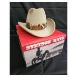 Stetson Beige Cowboy Hat with Feather Band - Size 7 1/2 Stetson Beige Cowboy Hat with Feather Band - Size 7 1/2