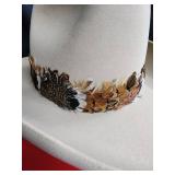 Stetson Beige Cowboy Hat with Feather Band - Size 7 1/2 Stetson Beige Cowboy Hat with Feather Band - Size 7 1/2