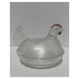 7' Clear Glass Hen on Nest with Red Comb