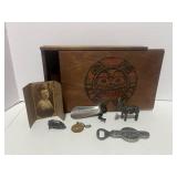 Vintage Slide Top Box with Misc Treasures: Old Photo, Metal Donkey, Shoe Horn, Metal Pig, World's Fair Token