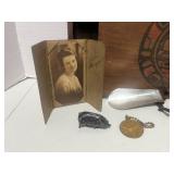 Vintage Slide Top Box with Misc Treasures: Old Photo, Metal Donkey, Shoe Horn, Metal Pig, World's Fair Token