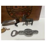 Vintage Slide Top Box with Misc Treasures: Old Photo, Metal Donkey, Shoe Horn, Metal Pig, World's Fair Token