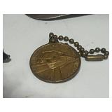 Vintage Slide Top Box with Misc Treasures: Old Photo, Metal Donkey, Shoe Horn, Metal Pig, World's Fair Token