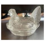 5.5' Clear Glass Hen on Nest Small chip in inside rim