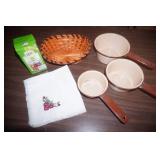 Vintage Enamel Sauce Pots, wicker basket, Kerr Lids, Embroidered Towel